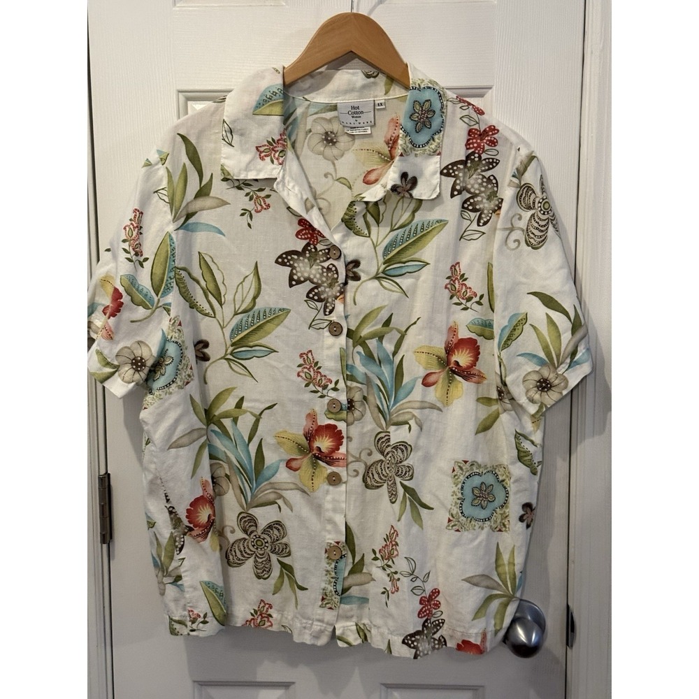 Vintage Hot Cotton Marc Ware Linen Boho Floral  Blend Top Women's Size 1X USA